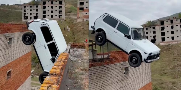 В России парень прыгал на Ниве с одного здания на другое. Но что-то пошло не так
